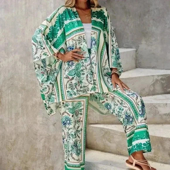 Green Boho Womens Paisley Print Blouse & Wide Leg Pants - Picture 1 of 5